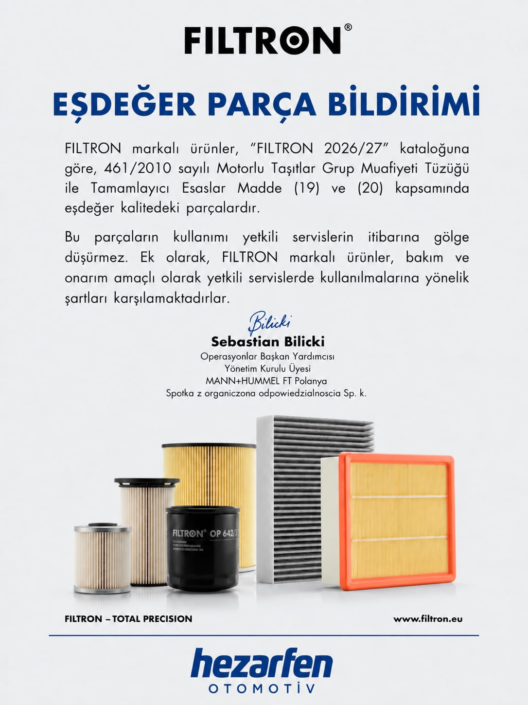 FILTRON eşdeğer parça kalite bildirimi
