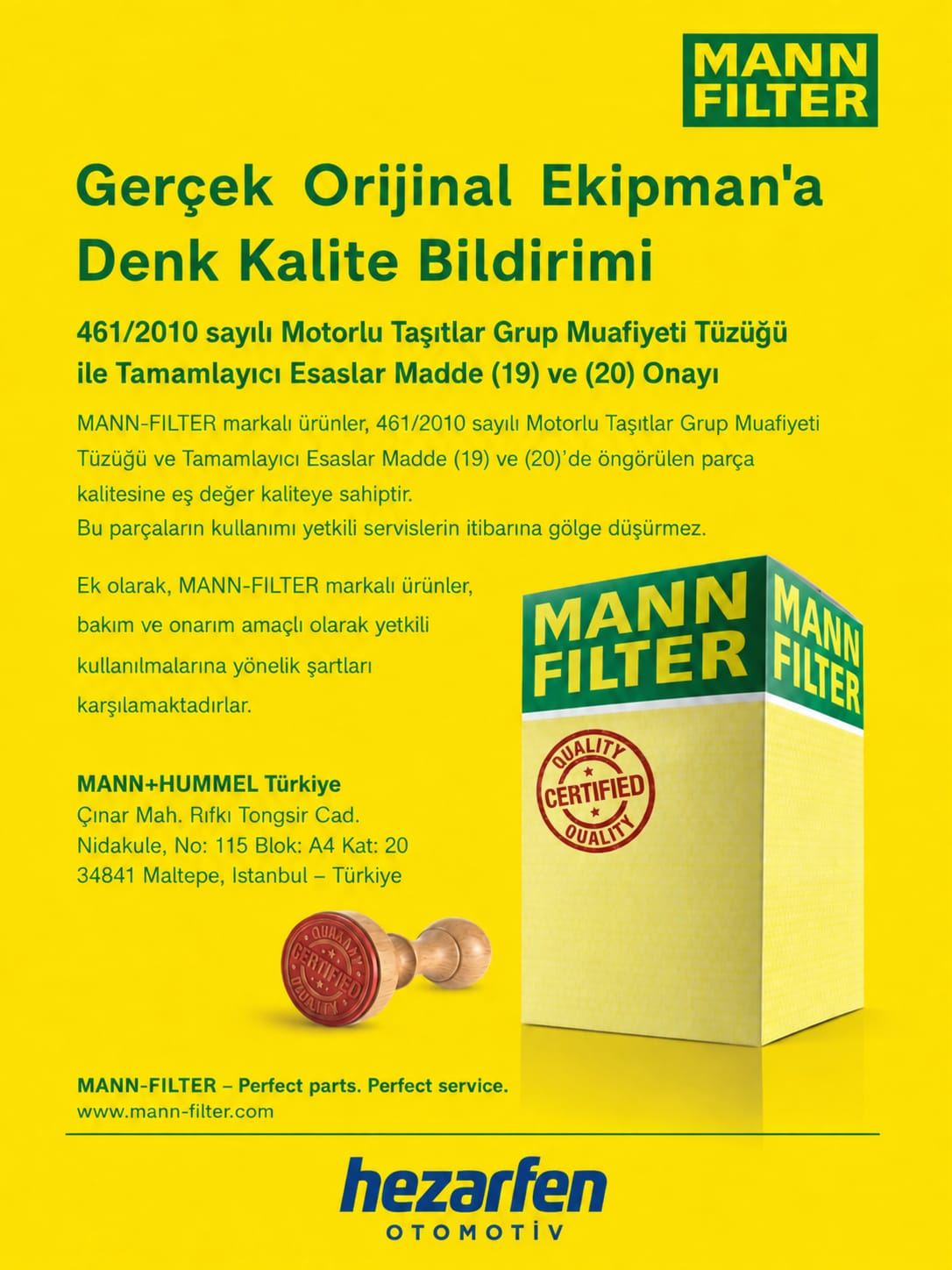 MANN-FILTER orijinal ekipmana denk kalite bildirimi